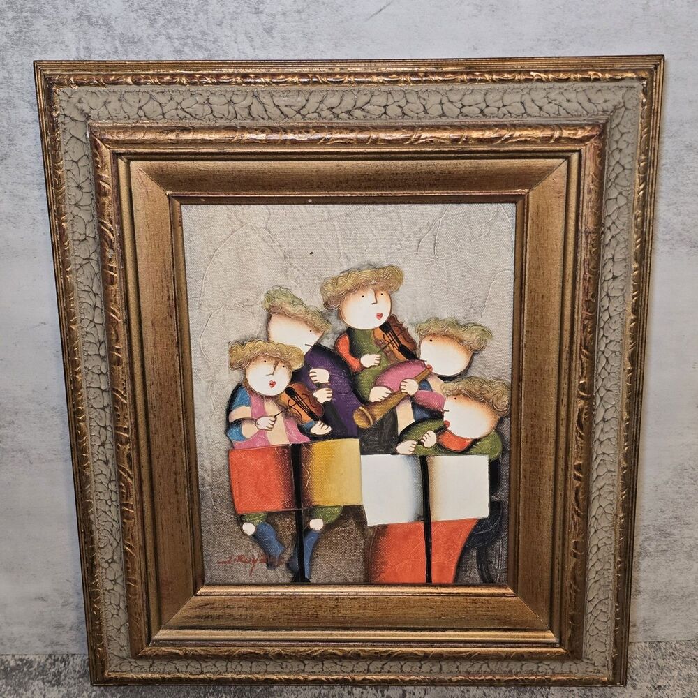 Joyce J Roybal Framed Children Musicians Oil Painting On Canvas Signed 15" X 13"